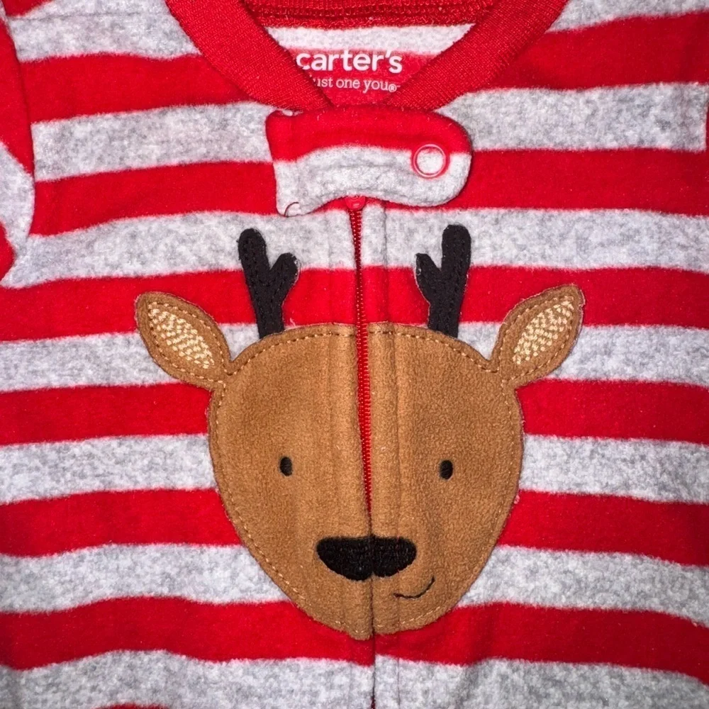 Carter's Red and Gray Striped Footie with Reindeer